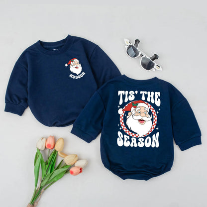 Personalized Retro Santa Romper: Tis The Season Baby Bodysuit, Custom Name 1st Xmas Outfit, Vintage Holiday Newborn Clothes, Cheerful Winter Gift (139 chars)