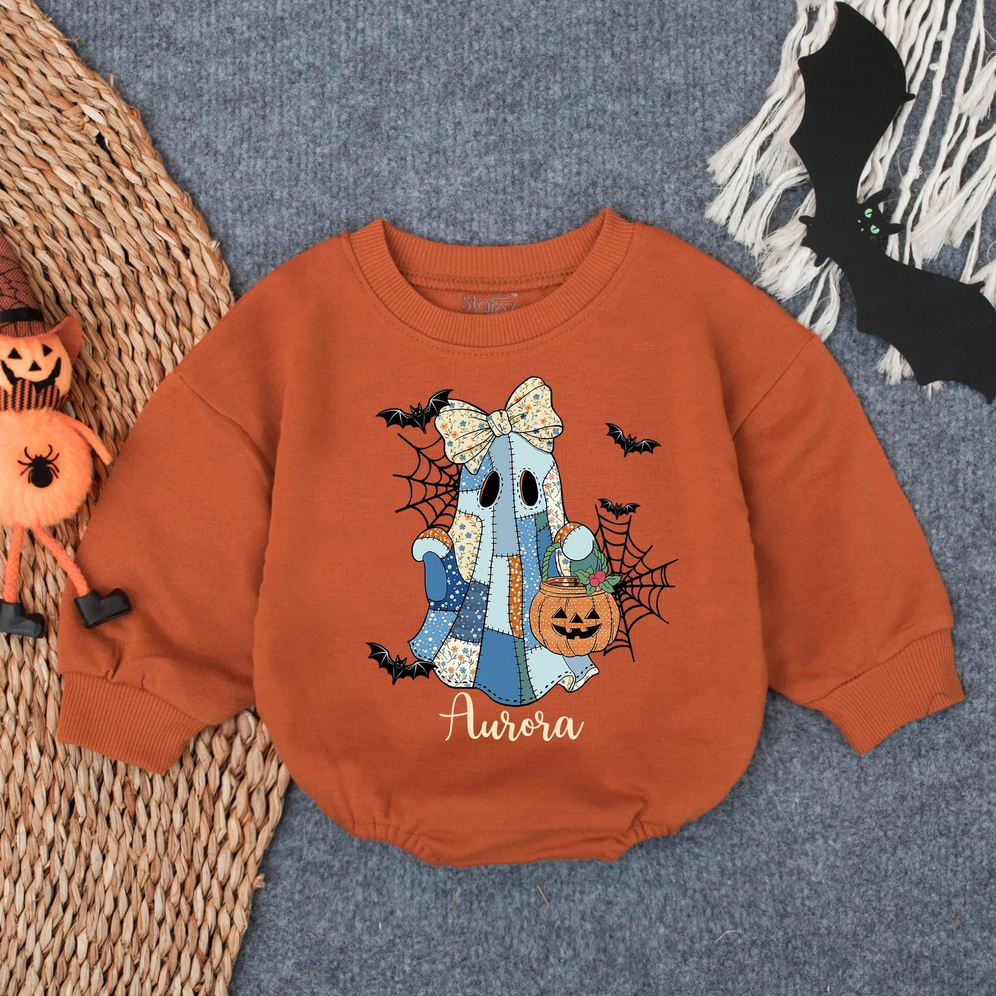 Customized Spooky Ghost Girl Romper Baby Girl First Halloween Outfit Aurora Pumpkin Floral Bow Baby Girl Clothes Infant Fall