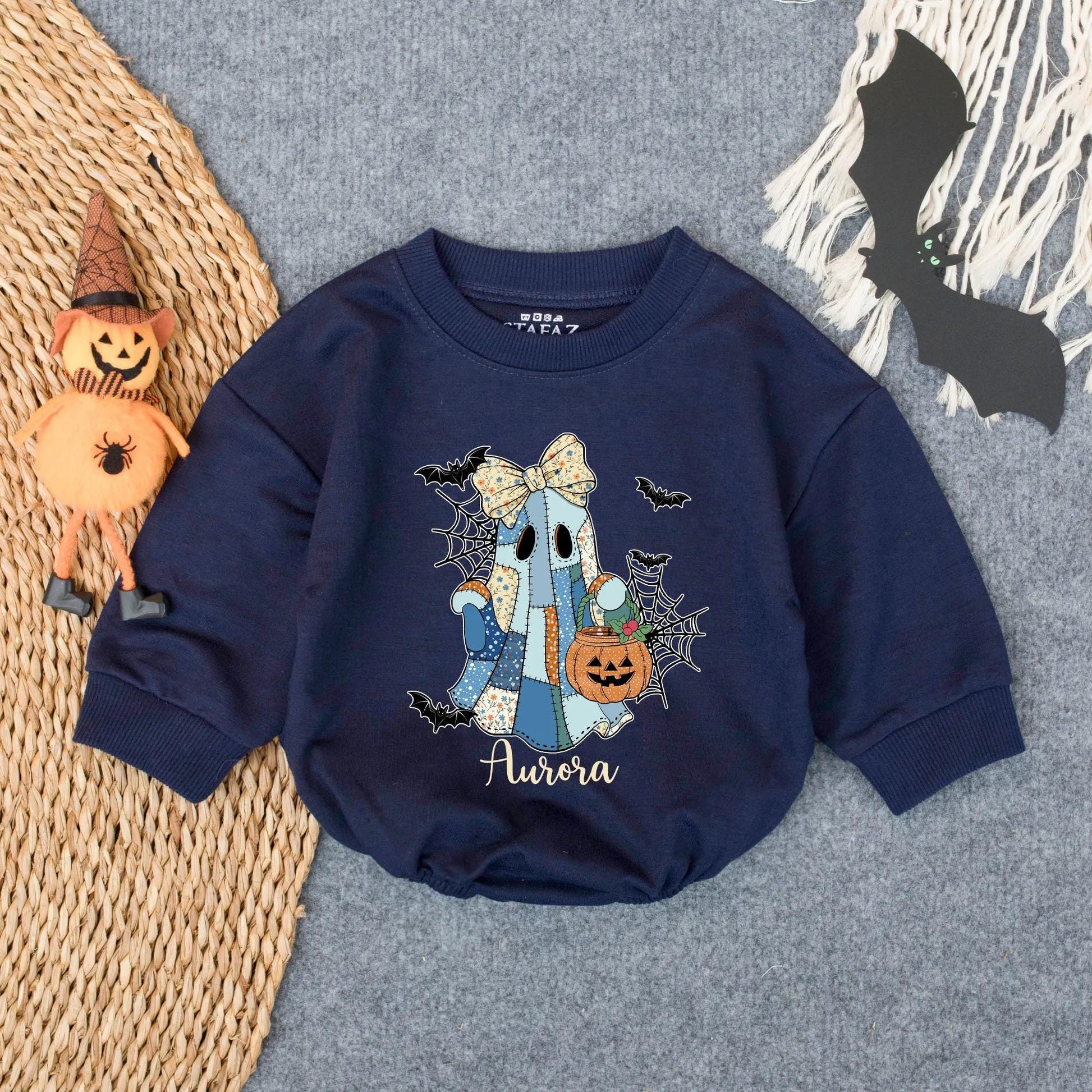 Customized Spooky Ghost Girl Romper Baby Girl First Halloween Outfit Aurora Pumpkin Floral Bow Baby Girl Clothes Infant Fall