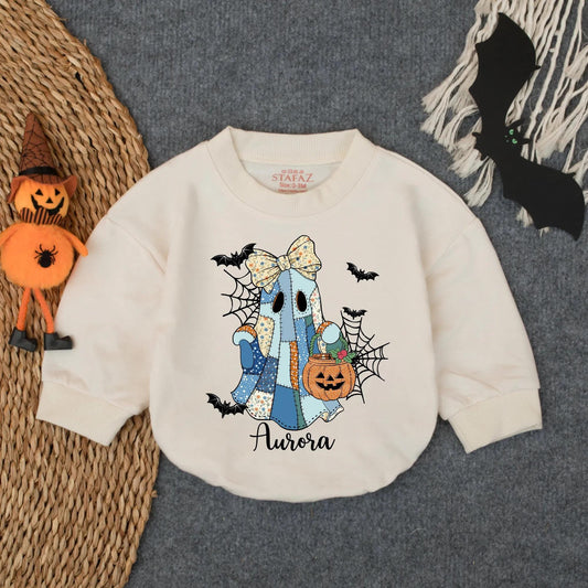 Customized Spooky Ghost Girl Romper Baby Girl First Halloween Outfit Aurora Pumpkin Floral Bow Baby Girl Clothes Infant Fall