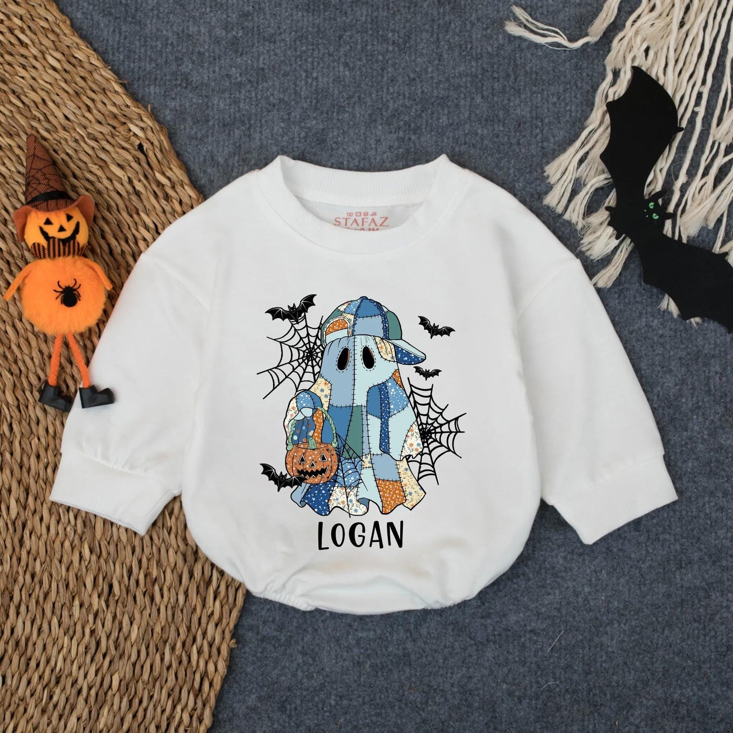 Custom Logan's Spooky Ghost Patchwork Romper, Baby Girl Halloween Outfit, Cute Boo Pumpkin Outfit, Infant Fall Clothes, Handmade Vibe, Spiderwebs & Bats (139)