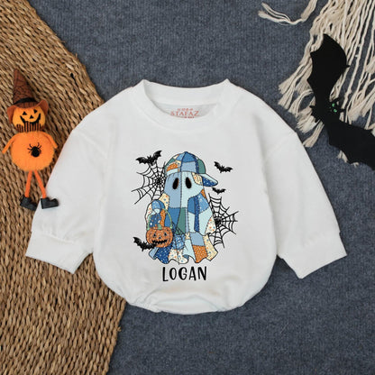 Custom Logan's Spooky Ghost Patchwork Romper, Baby Girl Halloween Outfit, Cute Boo Pumpkin Outfit, Infant Fall Clothes, Handmade Vibe, Spiderwebs & Bats (139)