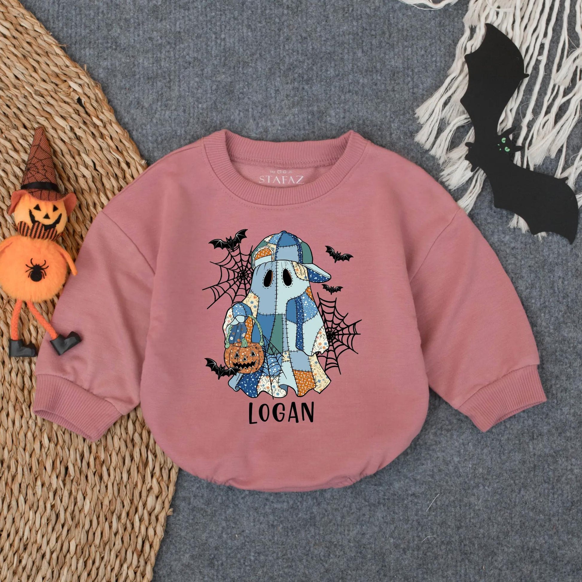 Custom Logan's Spooky Ghost Patchwork Romper, Baby Girl Halloween Outfit, Cute Boo Pumpkin Outfit, Infant Fall Clothes, Handmade Vibe, Spiderwebs & Bats (139)