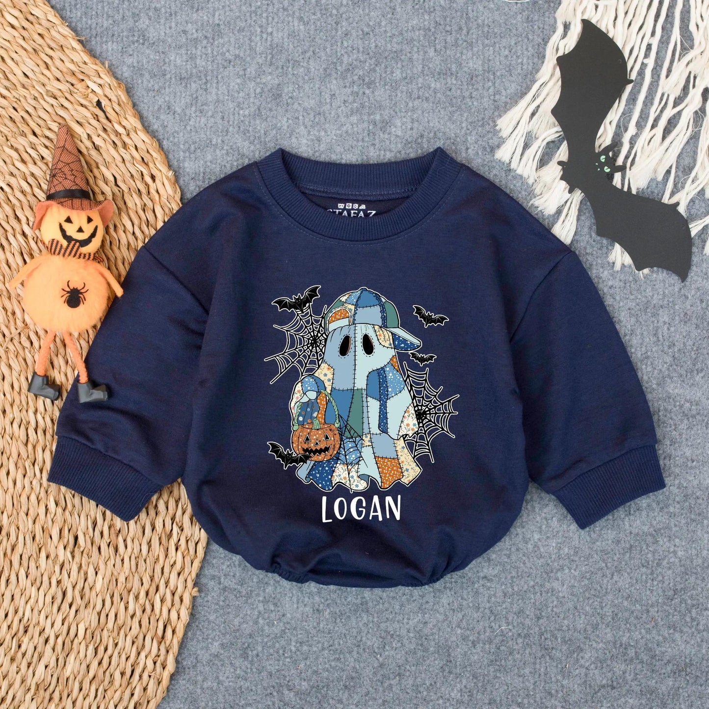 Custom Logan's Spooky Ghost Patchwork Romper, Baby Girl Halloween Outfit, Cute Boo Pumpkin Outfit, Infant Fall Clothes, Handmade Vibe, Spiderwebs & Bats (139)