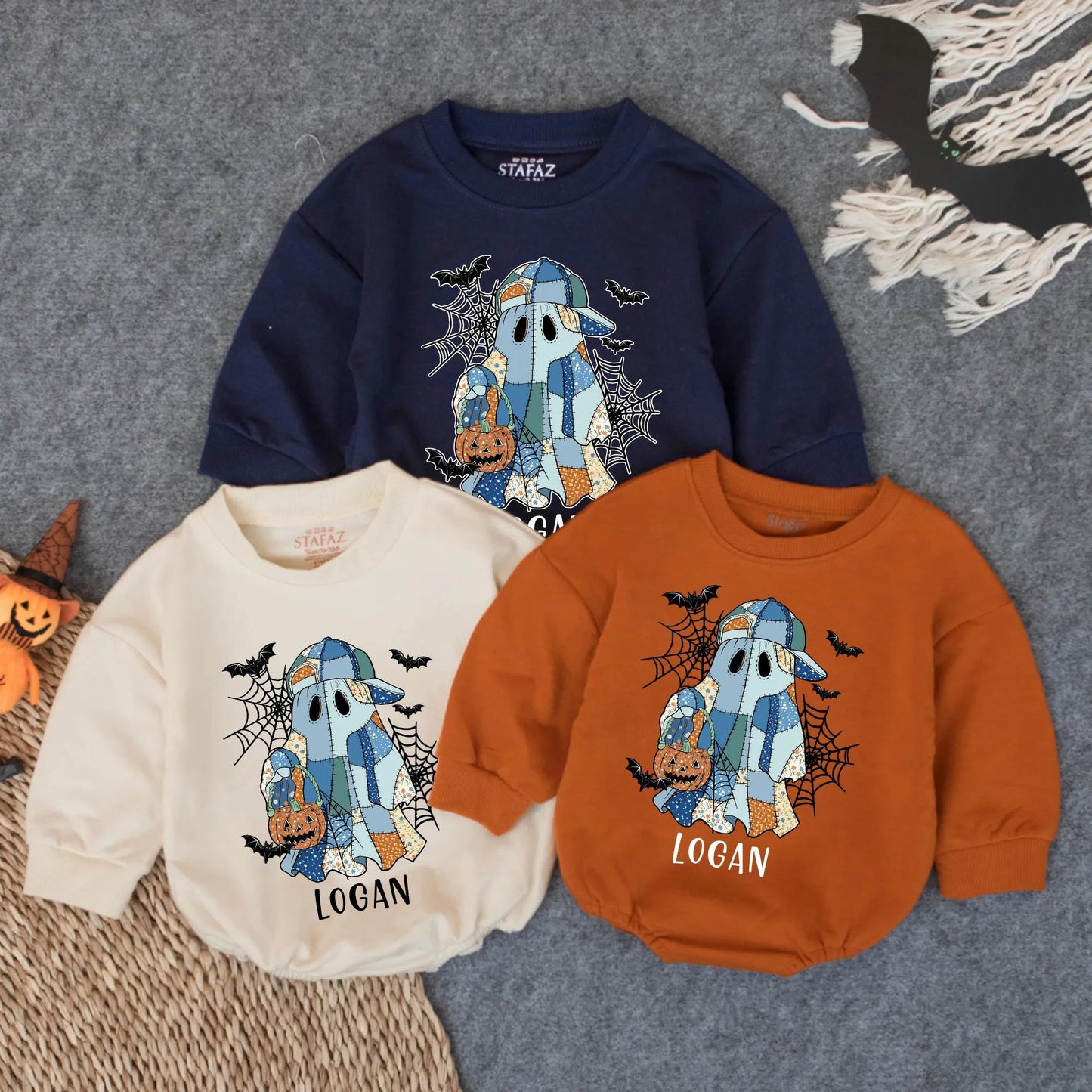 Custom Logan's Spooky Ghost Patchwork Romper, Baby Girl Halloween Outfit, Cute Boo Pumpkin Outfit, Infant Fall Clothes, Handmade Vibe, Spiderwebs & Bats (139)