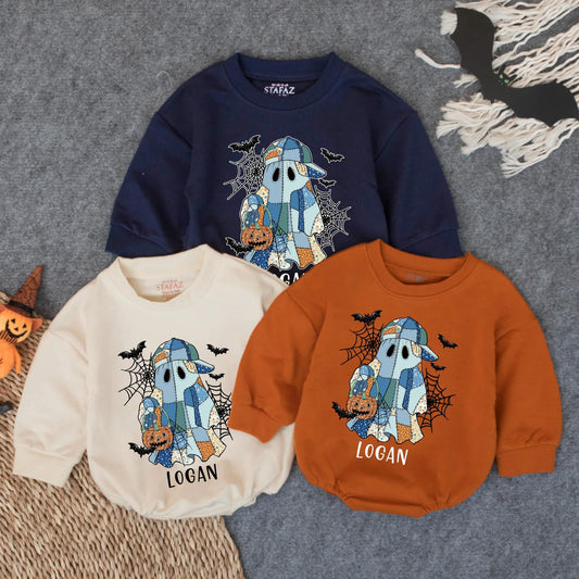Custom Logan's Spooky Ghost Patchwork Romper, Baby Girl Halloween Outfit, Cute Boo Pumpkin Outfit, Infant Fall Clothes, Handmade Vibe, Spiderwebs & Bats (139)
