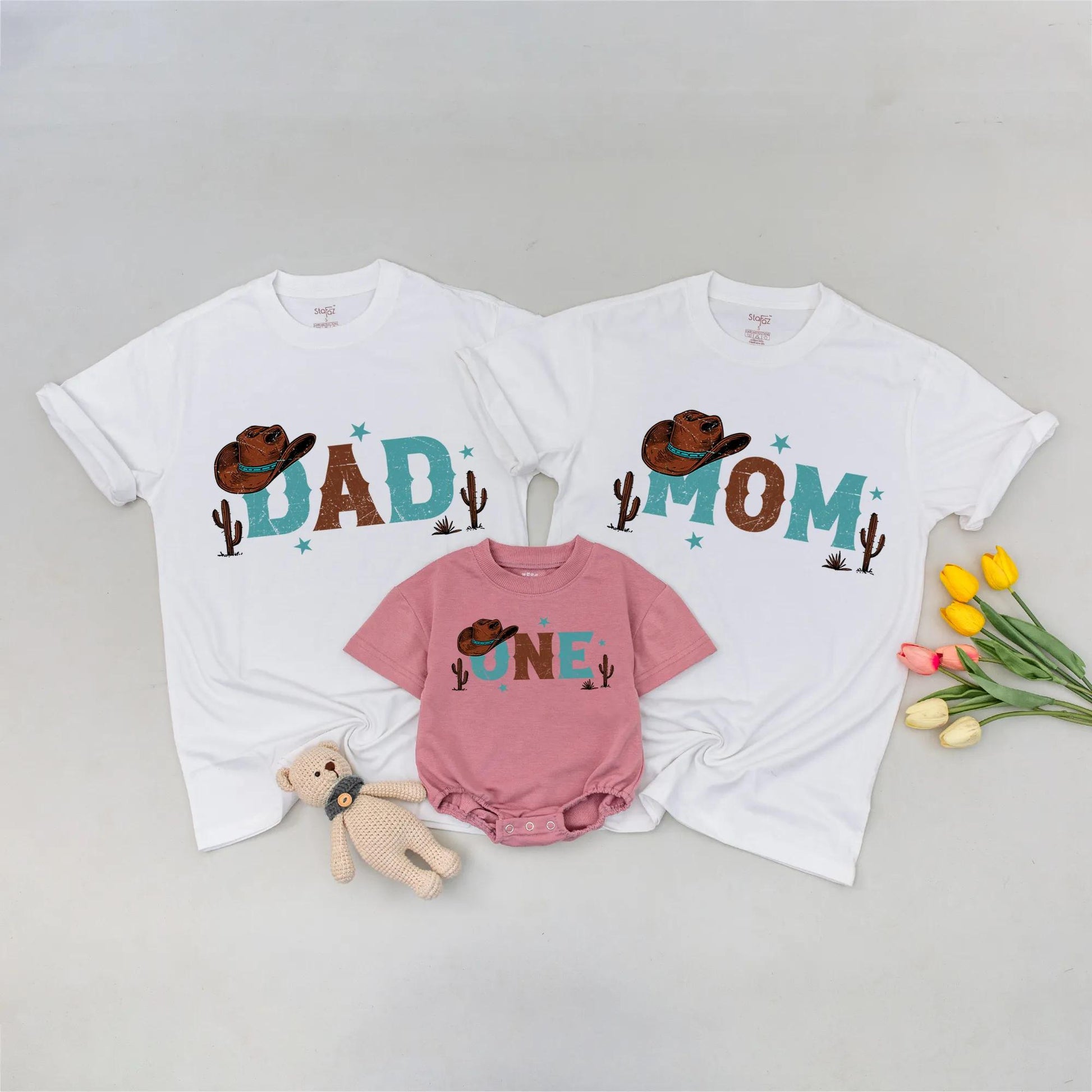 First Rodeo Cowboy Birthday Matching Family Shirts for Mom Dad One Year Old Boy Western Bday Outfit with Cactus & Star Accents