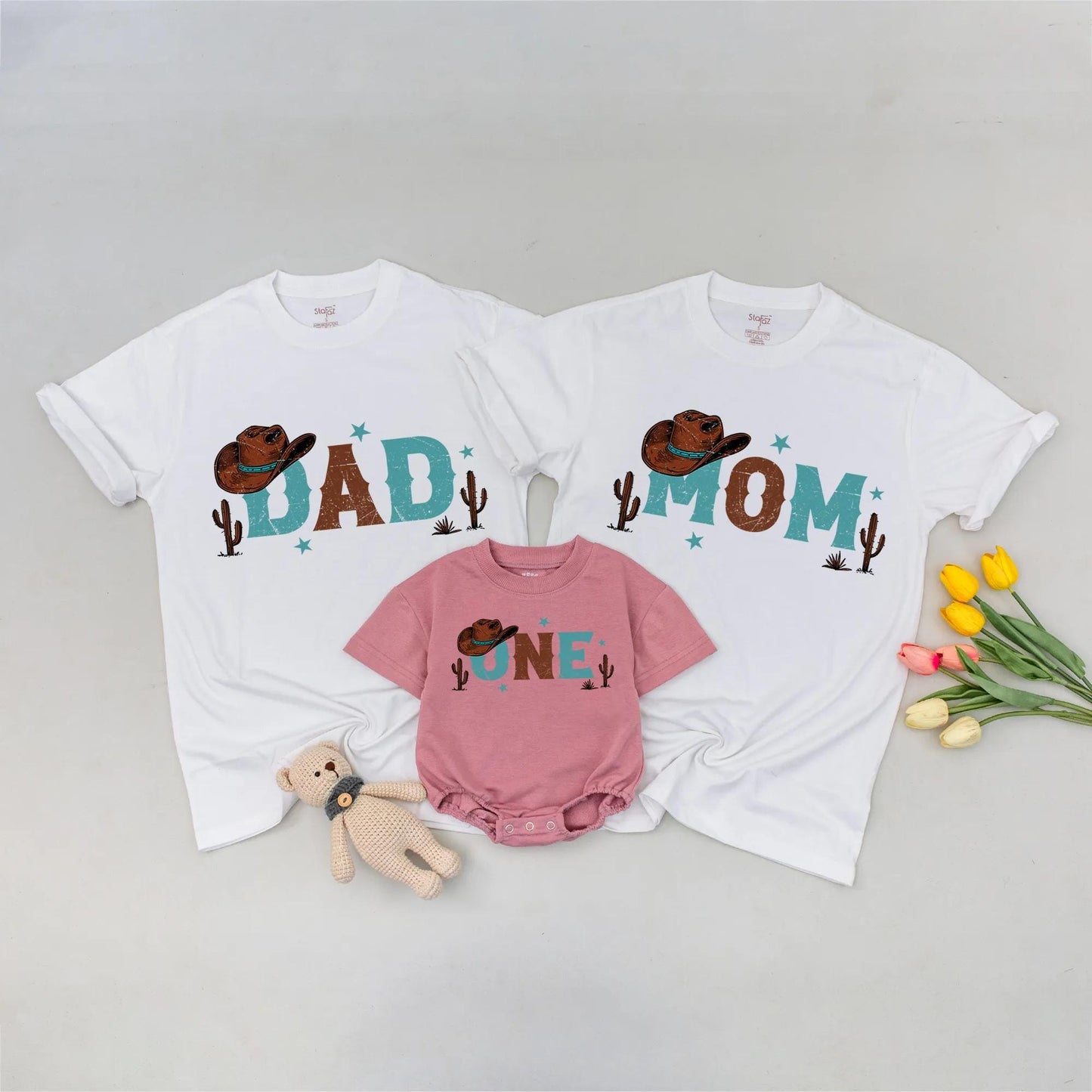 First Rodeo Cowboy Birthday Matching Family Shirts for Mom Dad One Year Old Boy Western Bday Outfit with Cactus & Star Accents