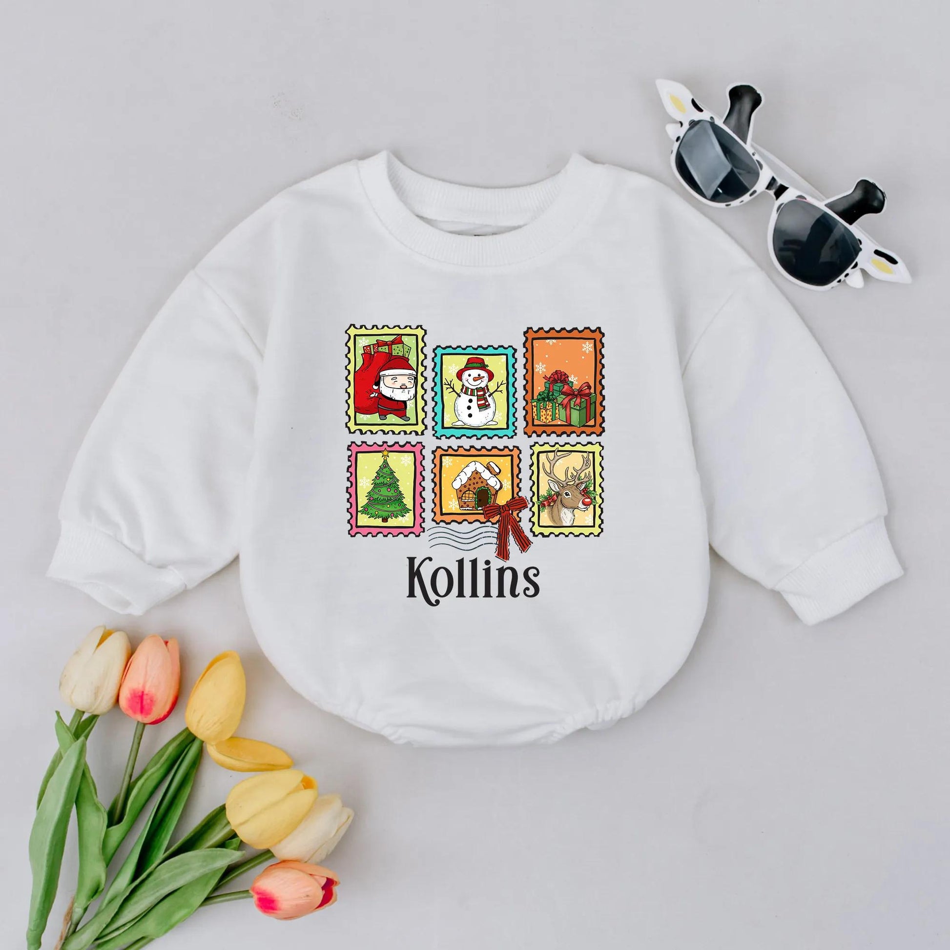 Kollins Personalized Christmas Stamps Baby Romper, Custom First Christmas Outfit with Santa, Snowman & Reindeer, Xmas Baby Gift, Winter Holiday Bodysuit