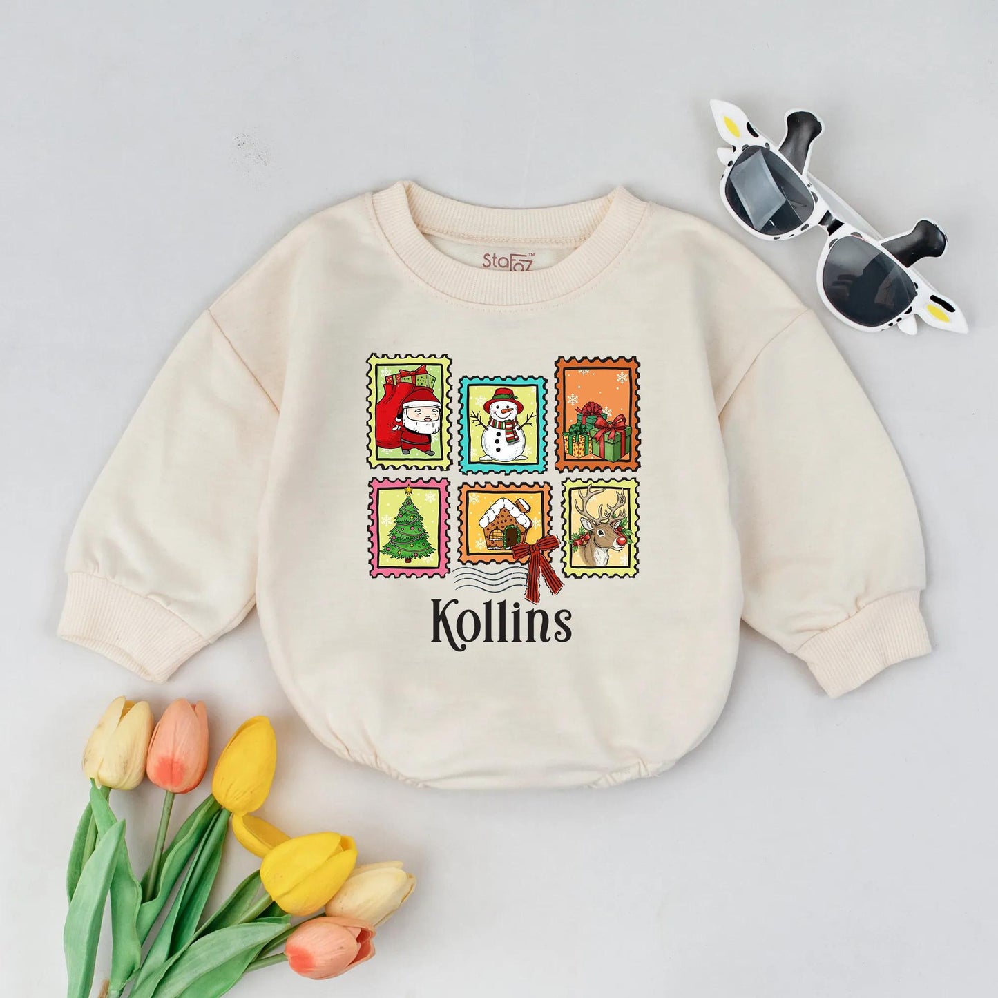 Kollins Personalized Christmas Stamps Baby Romper, Custom First Christmas Outfit with Santa, Snowman & Reindeer, Xmas Baby Gift, Winter Holiday Bodysuit