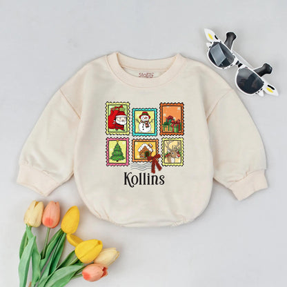 Kollins Personalized Christmas Stamps Baby Romper, Custom First Christmas Outfit with Santa, Snowman & Reindeer, Xmas Baby Gift, Winter Holiday Bodysuit