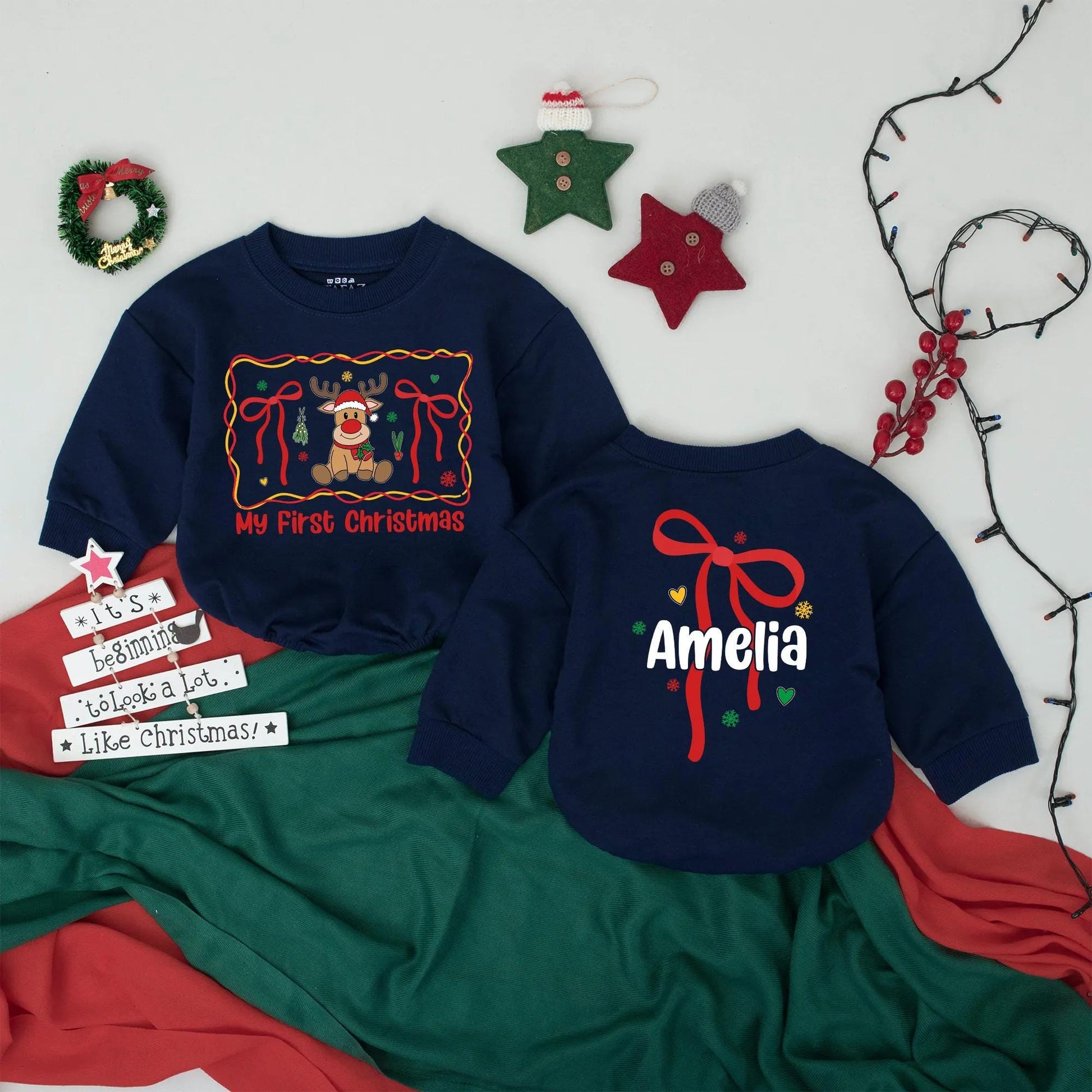 Amelia's 1st Christmas Romper, Custom Bow Bodysuit, Personalized Reindeer Outfit, Baby Announcement, Holiday Gift, Festive Newborn Clothes (138 chars)