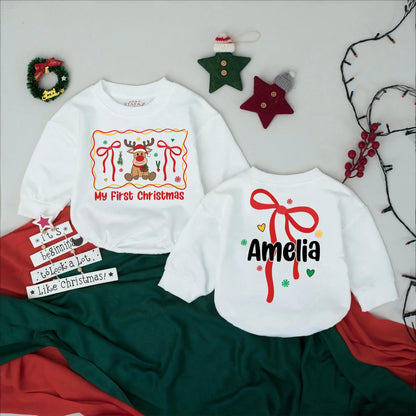 Amelia's 1st Christmas Romper, Custom Bow Bodysuit, Personalized Reindeer Outfit, Baby Announcement, Holiday Gift, Festive Newborn Clothes (138 chars)