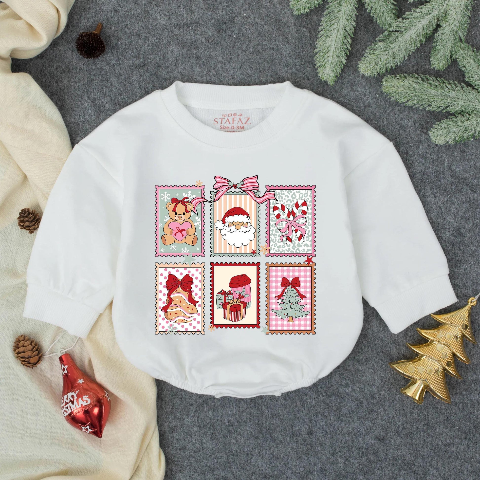 Baby Christmas Bubble Romper with Santa Gingerbread Festive Stamp Art Design Pastel Scalloped Patterns Newborn Holiday Infant Gift Outfit