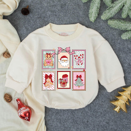 Baby Christmas Bubble Romper with Santa Gingerbread Festive Stamp Art Design Pastel Scalloped Patterns Newborn Holiday Infant Gift Outfit