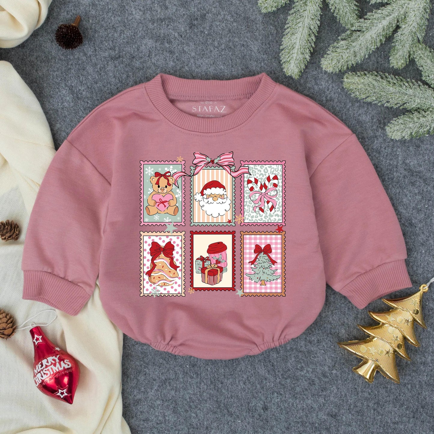 Baby Christmas Bubble Romper with Santa Gingerbread Festive Stamp Art Design Pastel Scalloped Patterns Newborn Holiday Infant Gift Outfit