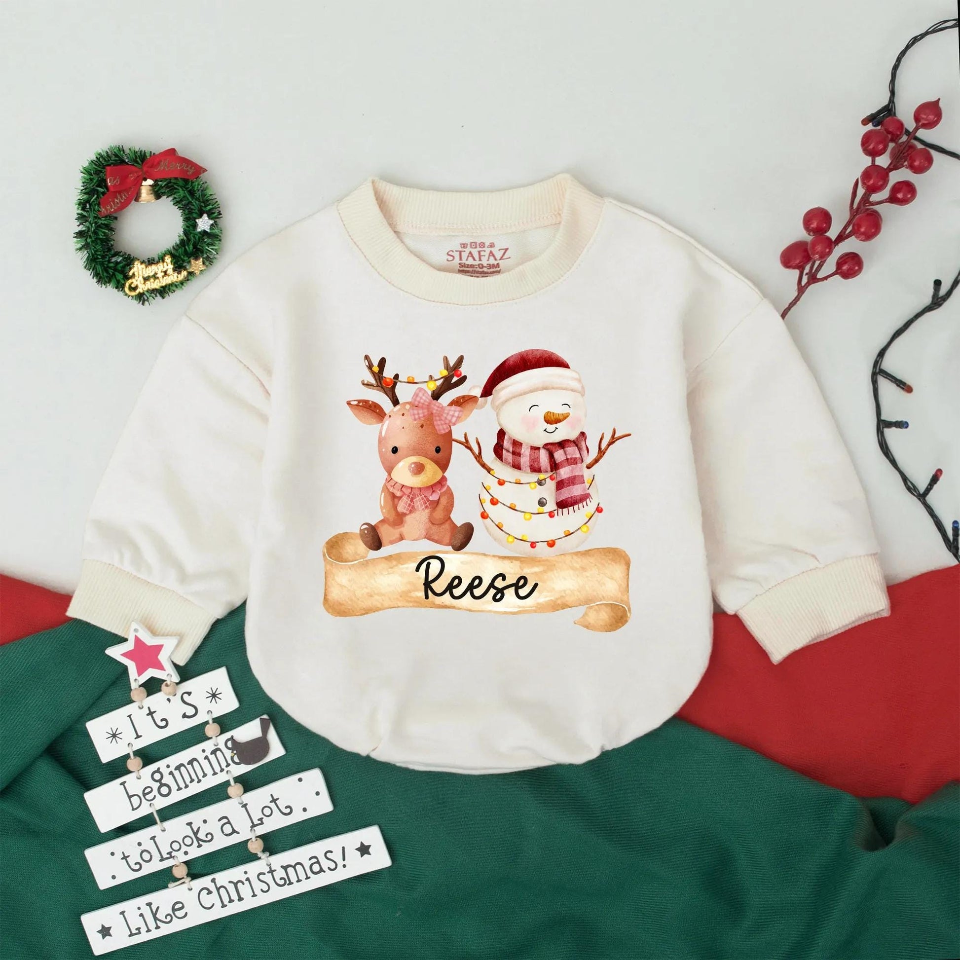 Reese Christmas Bubble Romper Baby Girl or Boy First Holiday Outfit with Watercolor Reindeer & Snowman Custom Name Newborn Gift