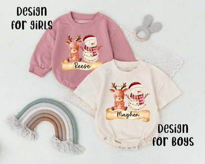 Reese Christmas Bubble Romper Baby Girl or Boy First Holiday Outfit with Watercolor Reindeer & Snowman Custom Name Newborn Gift
