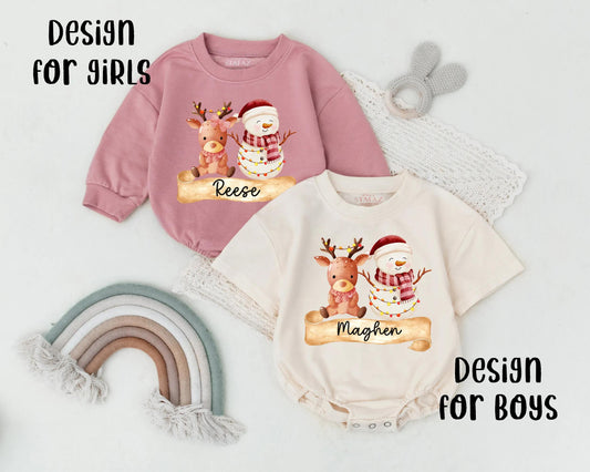 Reese Christmas Bubble Romper Baby Girl or Boy First Holiday Outfit with Watercolor Reindeer & Snowman Custom Name Newborn Gift