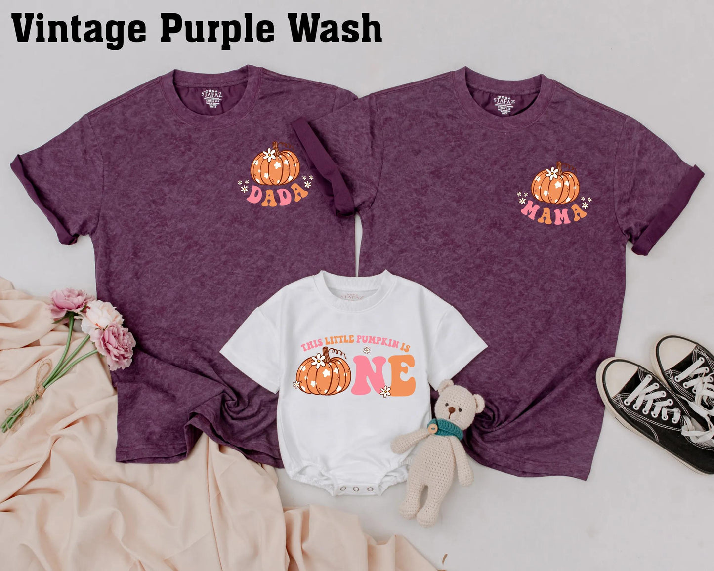 Matching Family Pumpkin First Birthday Shirts Retro Fall Outfit, Baby Girl Boy One, Peach Orange Floral Design