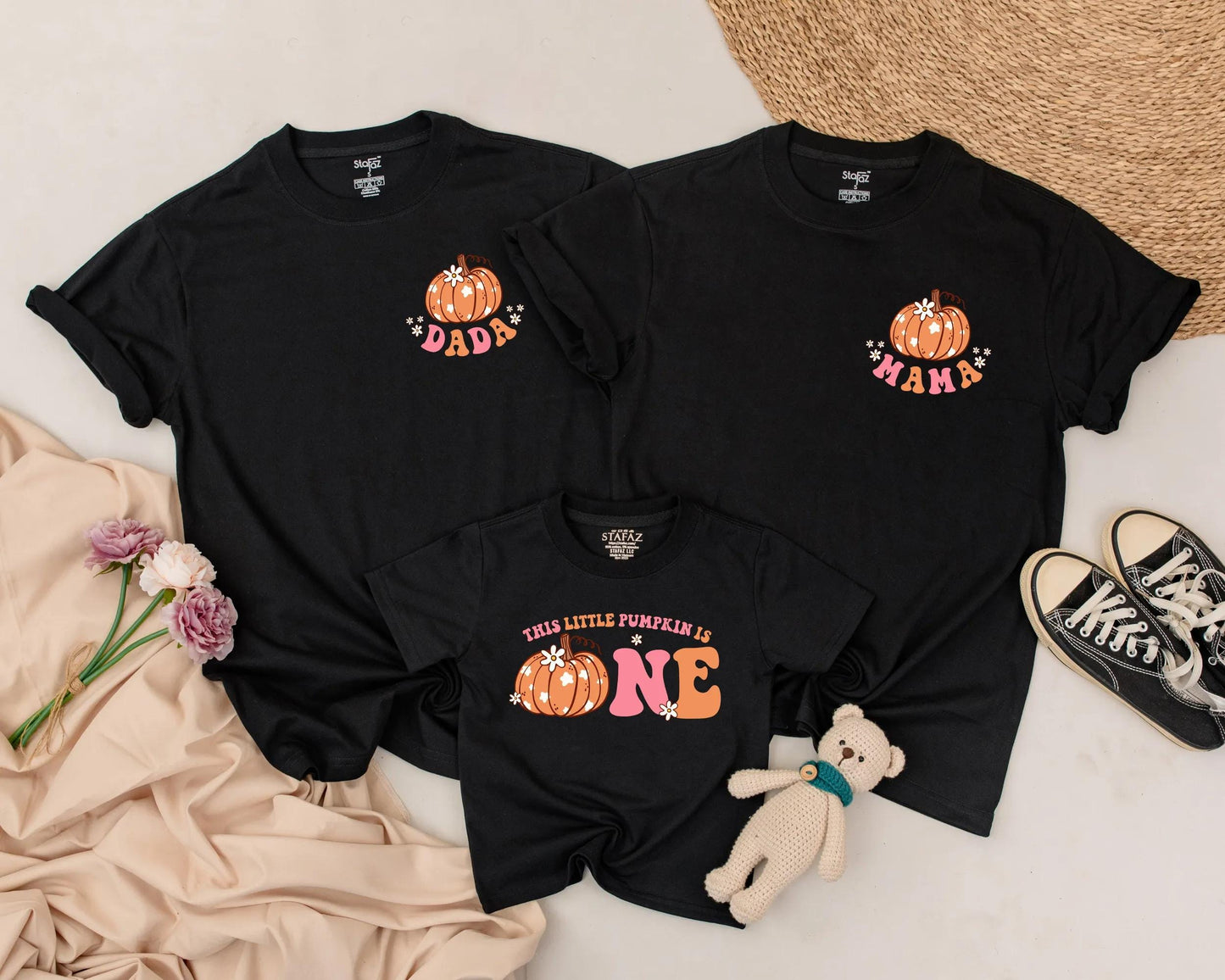 Matching Family Pumpkin First Birthday Shirts Retro Fall Outfit, Baby Girl Boy One, Peach Orange Floral Design