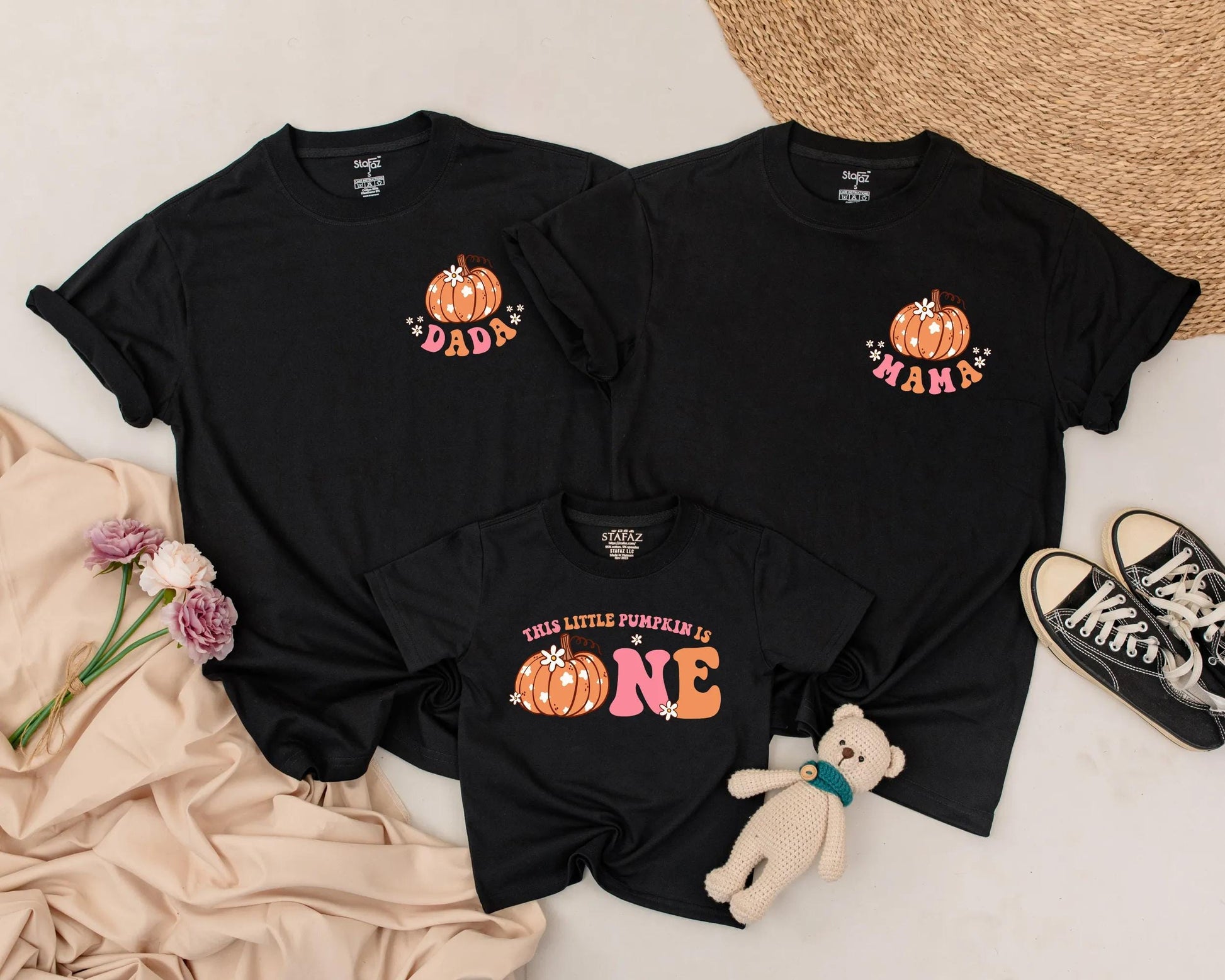 Matching Family Pumpkin First Birthday Shirts Retro Fall Outfit, Baby Girl Boy One, Peach Orange Floral Design