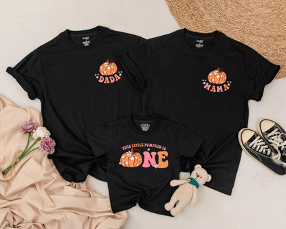 Matching Family Pumpkin First Birthday Shirts Retro Fall Outfit, Baby Girl Boy One, Peach Orange Floral Design