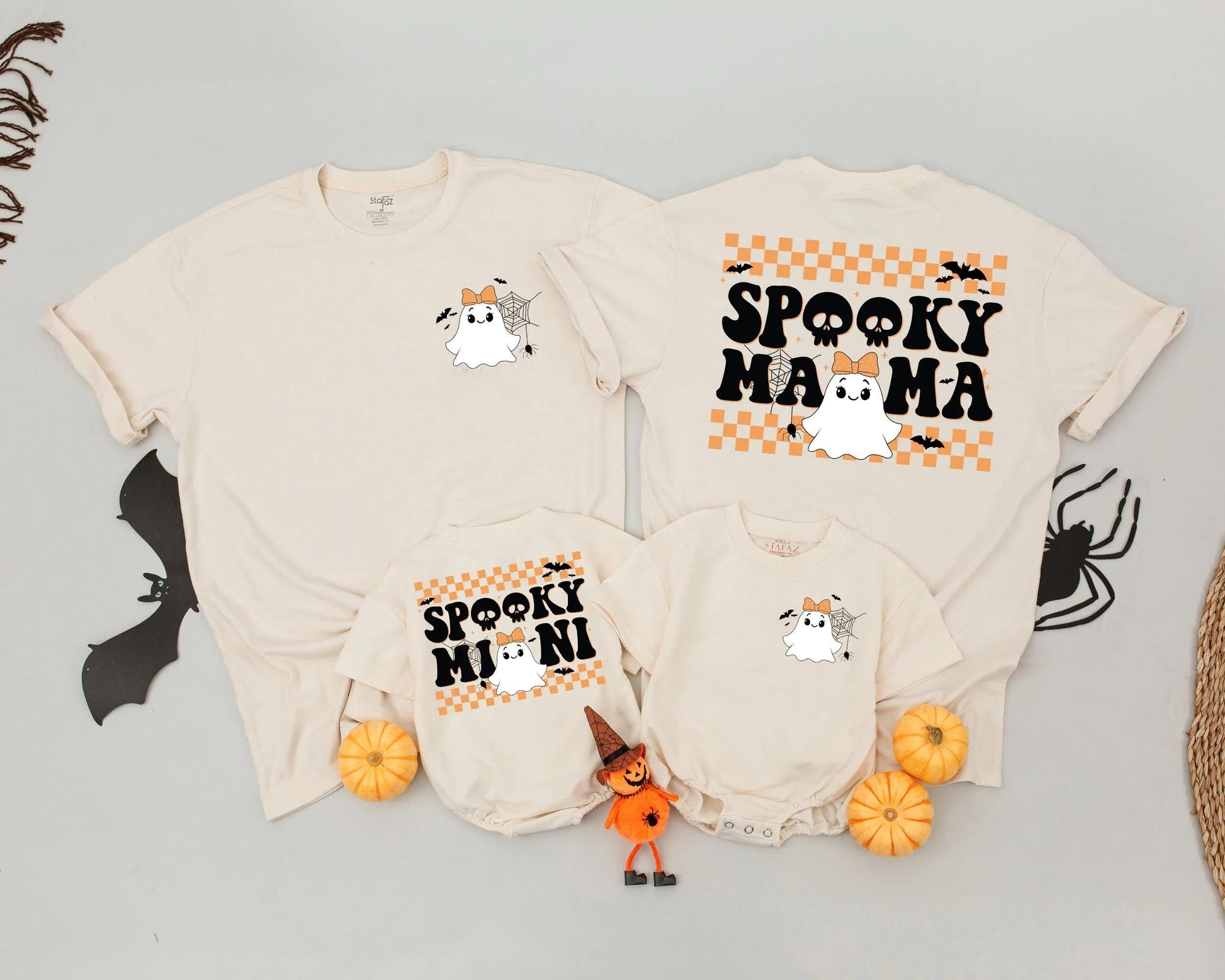 Spooky Mama & Mini Matching Halloween Shirts Cute Ghost Outfit Personalized Family Tees Orange Checkered Retro Style Mommy and Me Costume Party Shirt