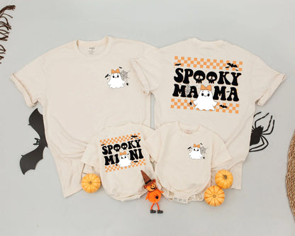 Spooky Mama & Mini Matching Halloween Shirts Cute Ghost Outfit Personalized Family Tees Orange Checkered Retro Style Mommy and Me Costume Party Shirt