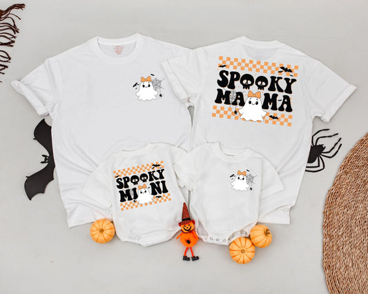 Spooky Mama & Mini Matching Halloween Shirts Cute Ghost Outfit Personalized Family Tees Orange Checkered Retro Style Mommy and Me Costume Party Shirt