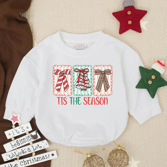 Tis The Season Baby Romper: Christmas Bows Design, First Xmas Outfit for Infants & Toddlers, Cute Holiday Clothes Gift