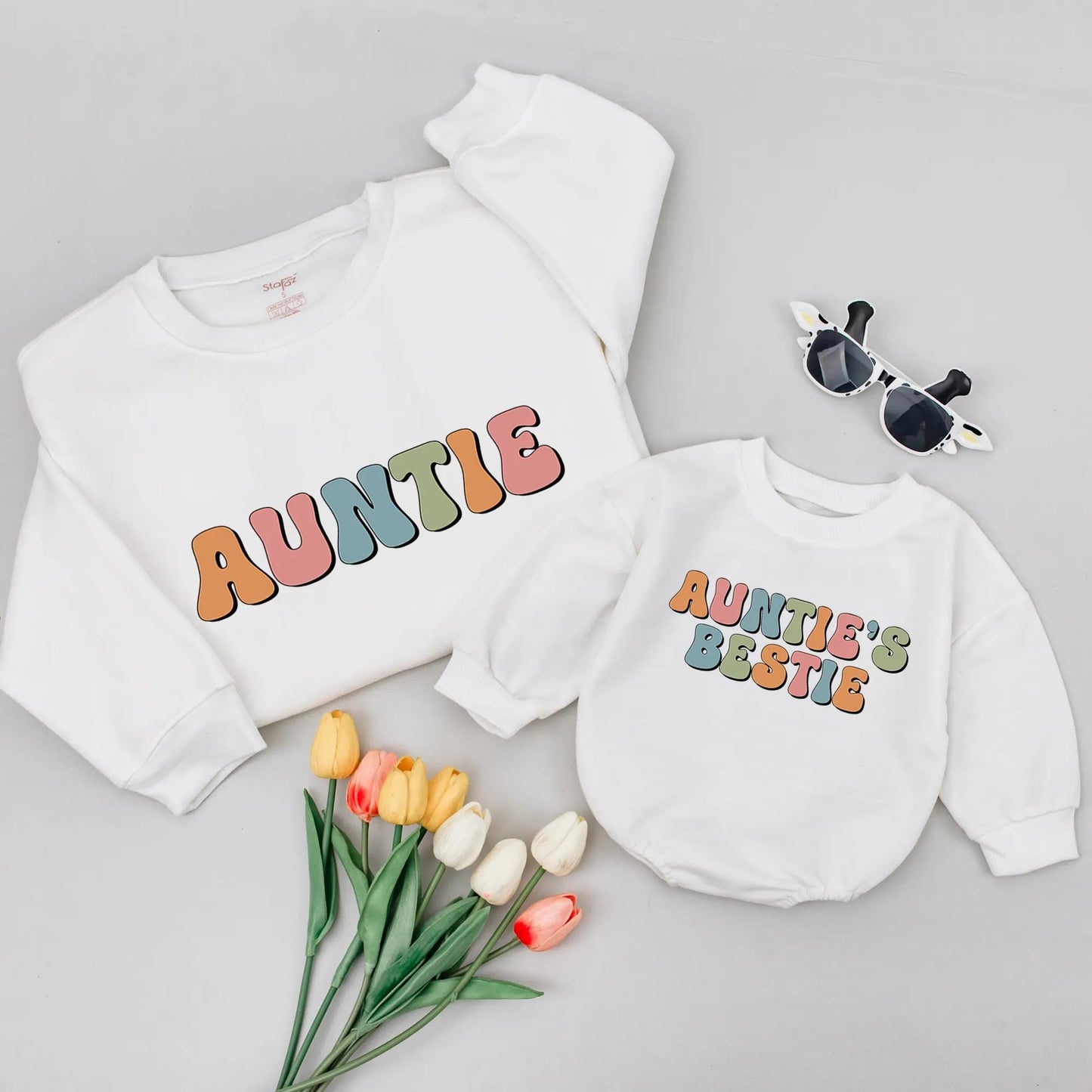Retro Auntie & Bestie Matching Set - 70s Style Baby Outfit, Personalized Aunt Gift, Fun Bubble Font, Niece Nephew Toddler Shirt, Orange Pink Blue 138