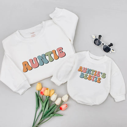 Retro Auntie & Bestie Matching Set - 70s Style Baby Outfit, Personalized Aunt Gift, Fun Bubble Font, Niece Nephew Toddler Shirt, Orange Pink Blue 138