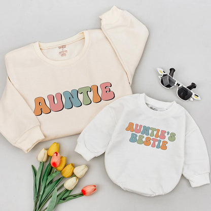 Retro Auntie & Bestie Matching Set - 70s Style Baby Outfit, Personalized Aunt Gift, Fun Bubble Font, Niece Nephew Toddler Shirt, Orange Pink Blue 138