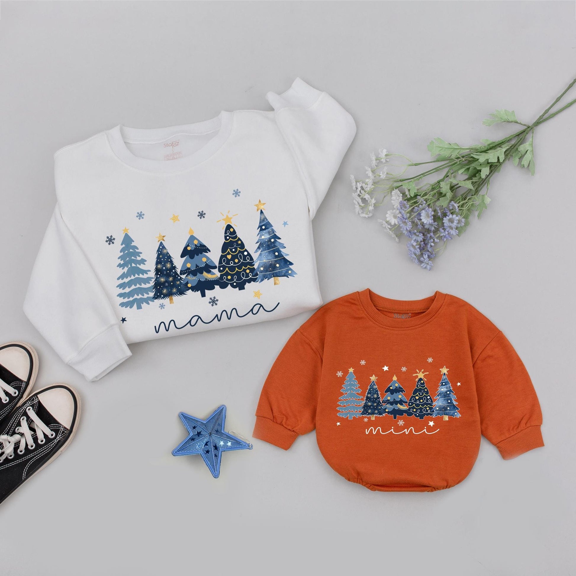Matching Family Christmas Tree Sweatshirts | Retro Holiday Sweaters for Mama, Dada, Mini, and Baby | Blue & Gold Festive Apparel