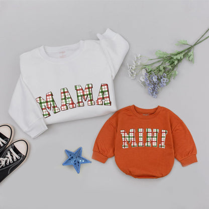 Matching Family Christmas Sweatshirts Plaid DADA MAMA MINI Holiday Sweaters Retro Vintage Style Outfit Green Red White Festive Mommy and Me Gift 137