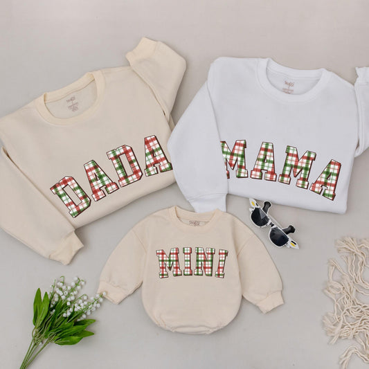 Matching Family Christmas Sweatshirts Plaid DADA MAMA MINI Holiday Sweaters Retro Vintage Style Outfit Green Red White Festive Mommy and Me Gift 137