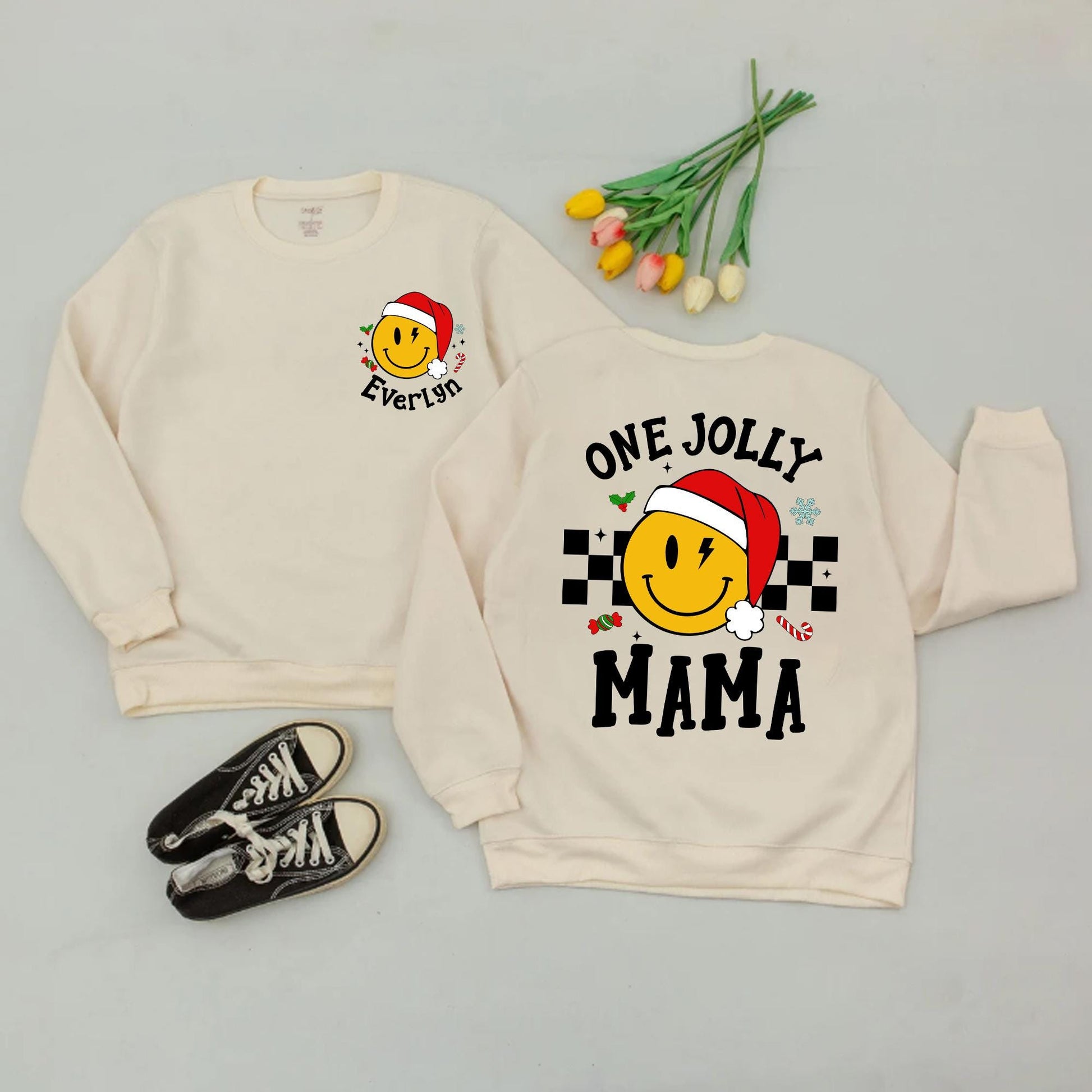 One Jolly Mama Christmas Sweatshirt with Smiley Santa! Matching Family Holiday Sweaters, Custom Name Gift for New Mom, Retro Checkered Xmas Outfit