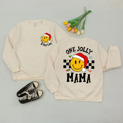 One Jolly Mama Christmas Sweatshirt with Smiley Santa! Matching Family Holiday Sweaters, Custom Name Gift for New Mom, Retro Checkered Xmas Outfit
