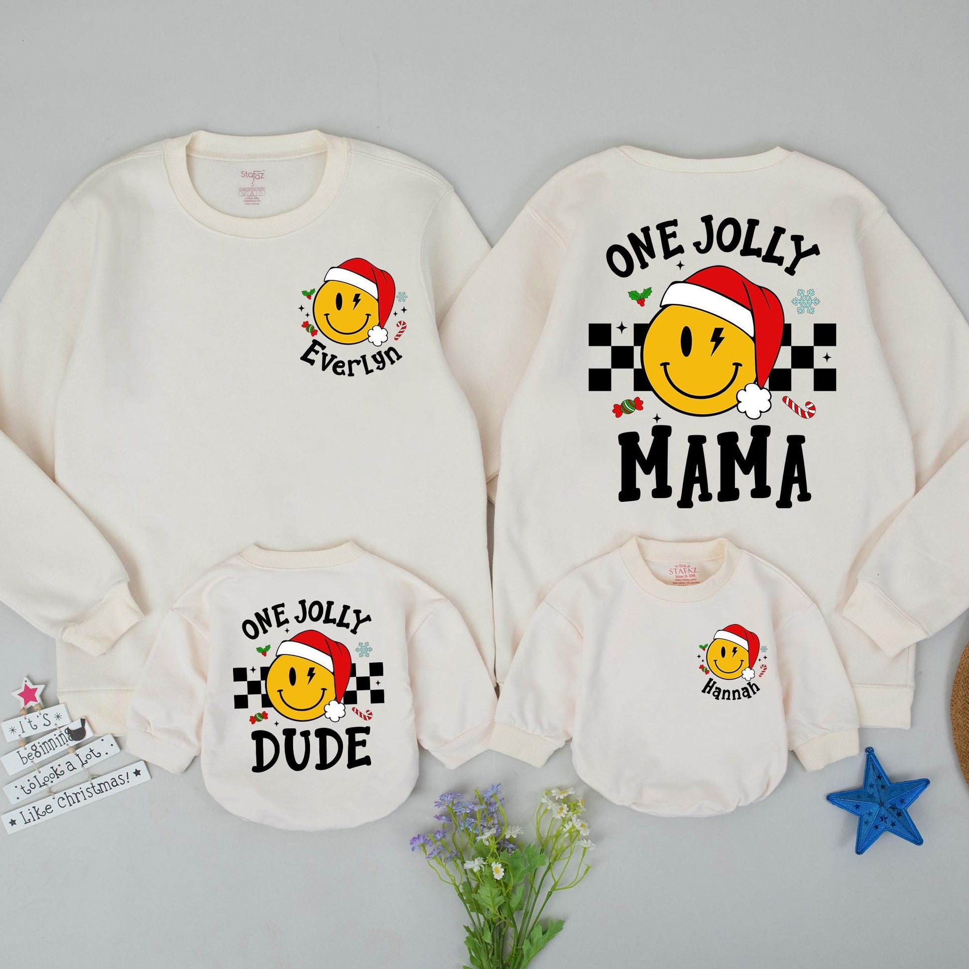 One Jolly Mama Christmas Sweatshirt with Smiley Santa! Matching Family Holiday Sweaters, Custom Name Gift for New Mom, Retro Checkered Xmas Outfit