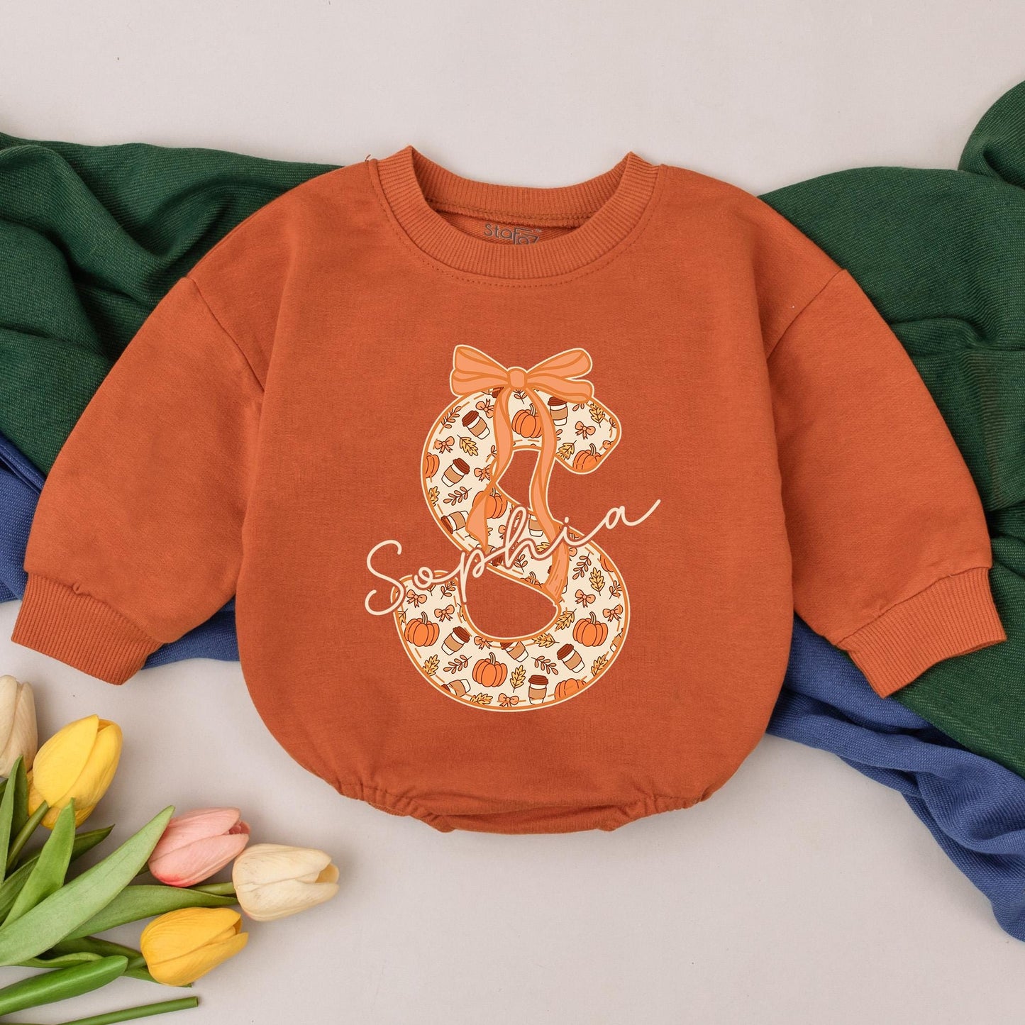 Personalized Fall Initial S Baby Girl Romper Sophia Name Thanksgiving Outfit adorned with Bow Pumpkins Leaves Coffee Cups Toddler Birthday Bodysuit
