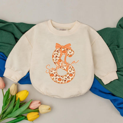Personalized Fall Initial S Baby Girl Romper Sophia Name Thanksgiving Outfit adorned with Bow Pumpkins Leaves Coffee Cups Toddler Birthday Bodysuit