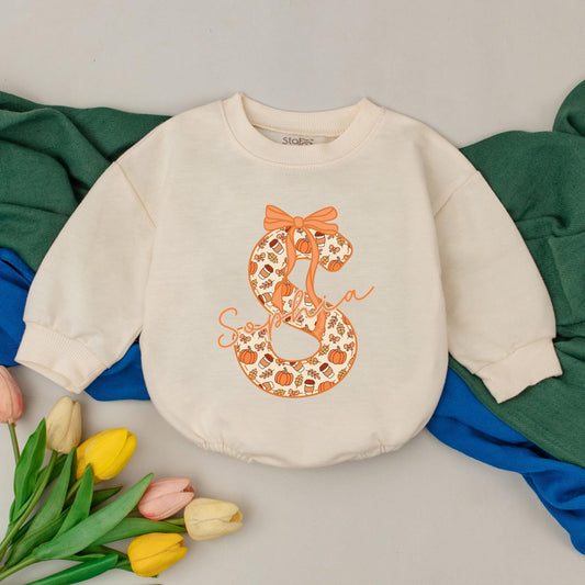 Personalized Fall Initial S Baby Girl Romper Sophia Name Thanksgiving Outfit adorned with Bow Pumpkins Leaves Coffee Cups Toddler Birthday Bodysuit