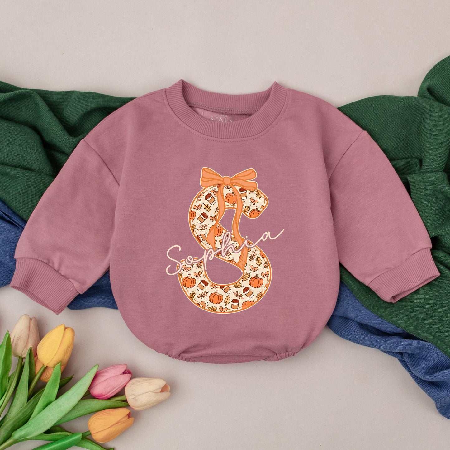 Personalized Fall Initial S Baby Girl Romper Sophia Name Thanksgiving Outfit adorned with Bow Pumpkins Leaves Coffee Cups Toddler Birthday Bodysuit