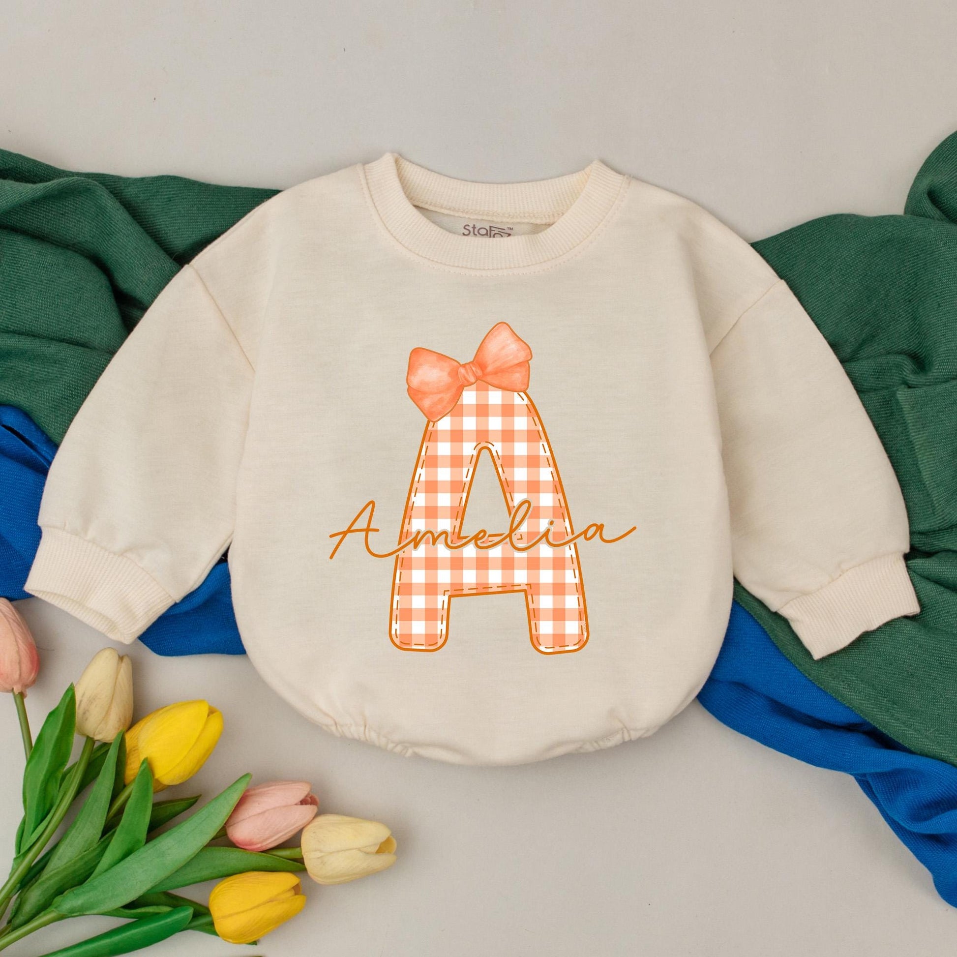 Personalized Name Initial Baby Girl Plaid A Amelia Thanksgiving Bubble Romper Cute Orange Fall Birthday Toddler Bodysuit Outfit Shower Gift
