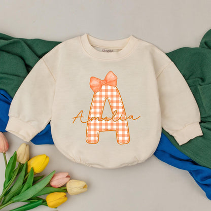 Personalized Name Initial Baby Girl Plaid A Amelia Thanksgiving Bubble Romper Cute Orange Fall Birthday Toddler Bodysuit Outfit Shower Gift