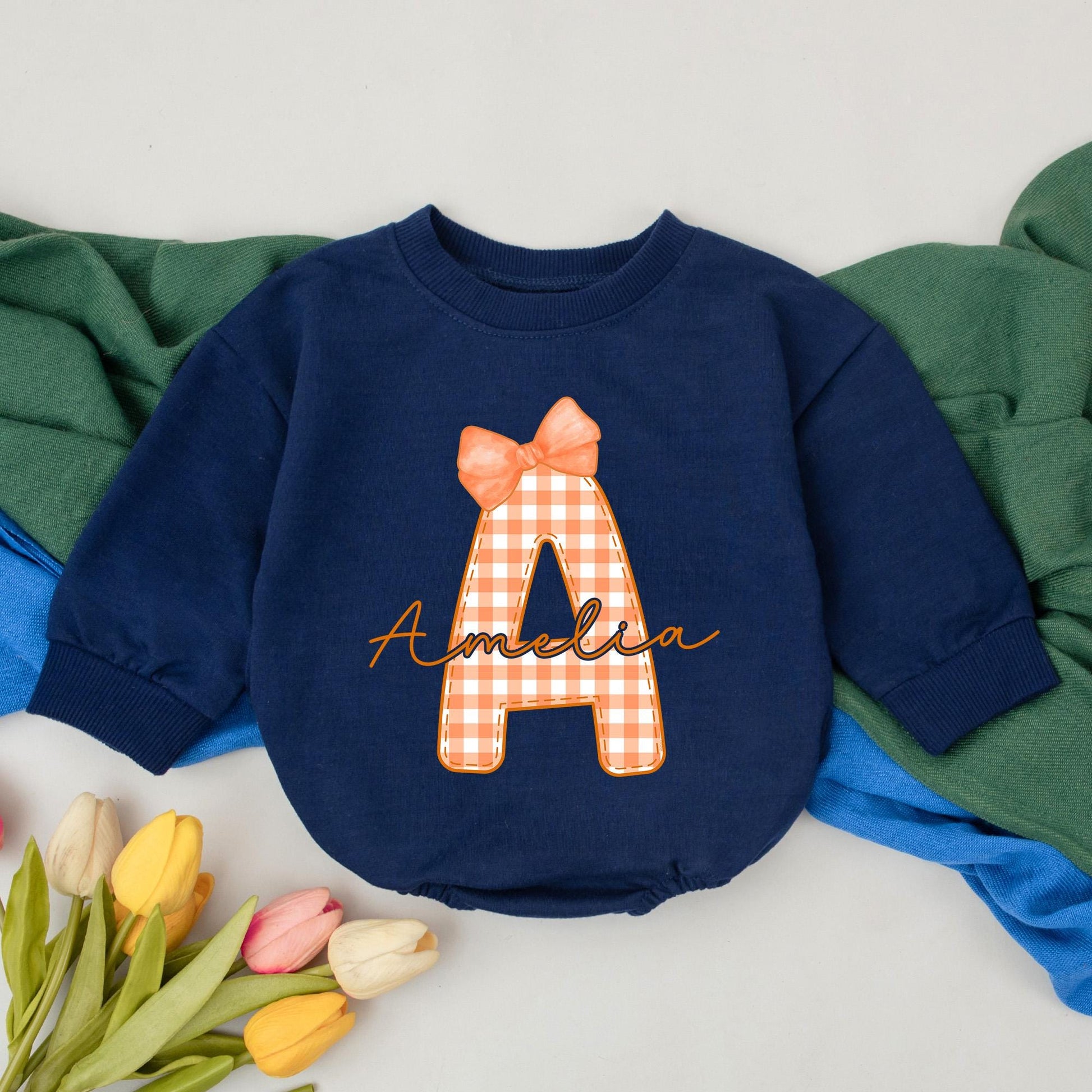 Personalized Name Initial Baby Girl Plaid A Amelia Thanksgiving Bubble Romper Cute Orange Fall Birthday Toddler Bodysuit Outfit Shower Gift