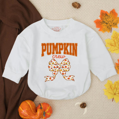 Pumpkin Crew Baby Romper with Collegiate Bow, Infant Thanksgiving Outfit, Fall Toddler Autumn Bubble Romper, Festive Orange Pumpkin Design