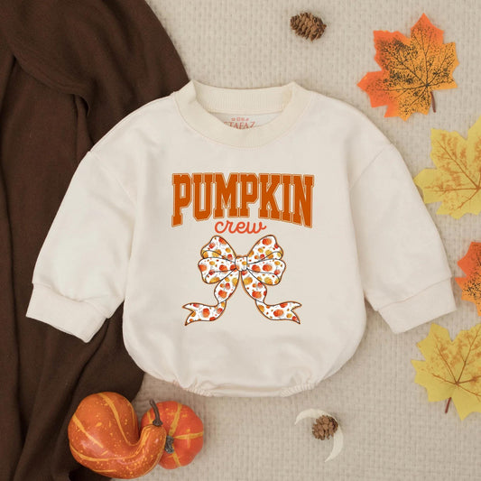 Pumpkin Crew Baby Romper with Collegiate Bow, Infant Thanksgiving Outfit, Fall Toddler Autumn Bubble Romper, Festive Orange Pumpkin Design