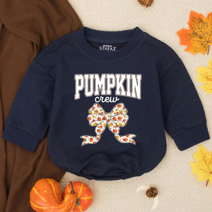 Pumpkin Crew Baby Romper with Collegiate Bow, Infant Thanksgiving Outfit, Fall Toddler Autumn Bubble Romper, Festive Orange Pumpkin Design